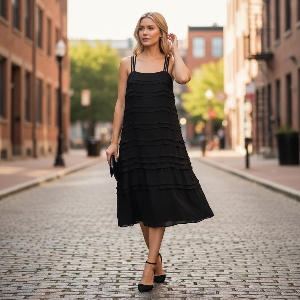 VTG Joseph Ribkoff Black Tiered Ruffle Cocktail Dress Multi Strap Size 16 Canada